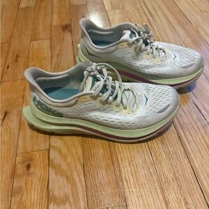 Hoka Kawana Womens Sneaker. White, green, and pink. Size 7.5